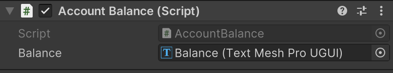 The script in the Inspector pane, showing that the Balance object is bound to the `balance` variable